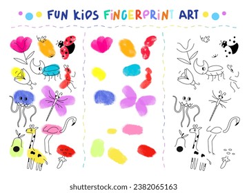 Fingerprint art set. Colorful nursery learning paint baby painted art activities. Fingerprint art game. Paint with finger prints. Doodle animals and insects drawing. Kids fingerprint learning art game