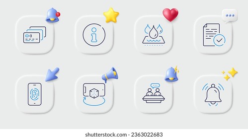 Fingerprint, Augmented reality and Info line icons. Buttons with 3d bell, chat speech, cursor. Pack of Compliance, Card, Employees talk icon. Waterproof, Notification bell pictogram. Vector