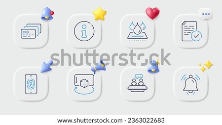 Fingerprint, Augmented reality and Info line icons. Buttons with 3d bell, chat speech, cursor. Pack of Compliance, Card, Employees talk icon. Waterproof, Notification bell pictogram. Vector