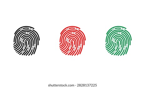 Fingerprint authentication and biometric security icon set with lock symbols. Vector illustration for cybersecurity, identity verification, access control and data protection concepts.