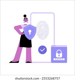 Autenticación De Huellas Dactilares Con Personaje Femenino En Ilustración vectorial Plana Que Simboliza El Acceso Seguro, La Verificación Biométrica Y La Privacidad De Datos, Aislado Sobre Fondo Blanco.