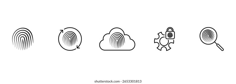 Fingerprint authentication identity secure biometric data access cloud analysis magnifying lock system icon set vector illustration design.