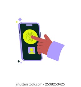 Autenticación De Huellas Dactilares En Smartphone En Ilustración vectorial Plana Que Simboliza Seguridad Y Tecnología, Aislado Sobre Fondo Blanco