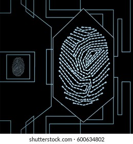 Fingerprint for biometric identification on high-tech background . Stock vector concept for forensic science as well as computer authentication.
