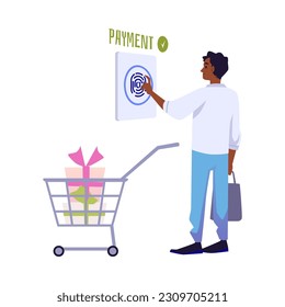 Identificación biométrica de huellas dactilares para pagos seguros y ciberprotección, ilustración vectorial plana aislada en fondo blanco. Detección de identidad de huellas digitales.