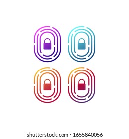 Fingerprint biometric identity icon with padlock. Safe and secure identification concept vector sign.