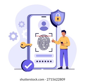 Concepto de seguridad del teléfono de datos de escaneo biométrico de huellas dactilares. Configuración de autenticación.