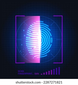 Fingerprint biometric scanner. Digital identification. Finger print scan process. Thumb fingermark. Authentication glow screen. Hand imprint technology. Vector illustration concept