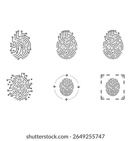 Fingerprint Biometric Security Icons Modern Line Art Six Variations Technology Concept