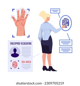 Sistemas de seguridad de escáner de reconocimiento biométrico de huellas dactilares. Escaneo biométrico manual, identificación de dedo por teléfono móvil, computadora, autenticación de usuario tecnología de acceso digital. Estilo plano