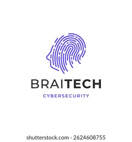 Fingerprint Brain Head Tech Logo. Cybersecurity Line Art Design
