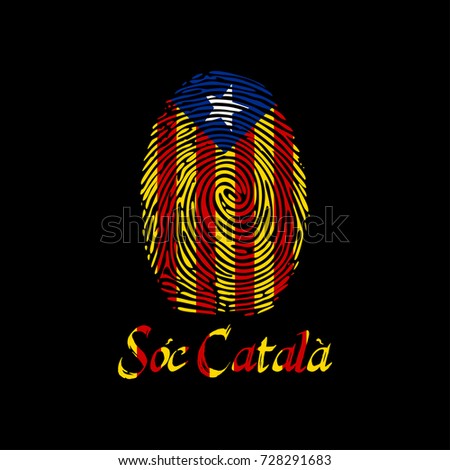 Fingerprint with Catalonia flag and text I am Catalan in the Catalan language. Template for printing on t-shirts and other products. The background color is easy to change. Vector illustration.