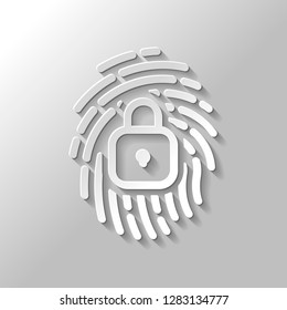 Fingerprint with close lock, personal protect, secutiry icon. Paper style with shadow on gray background