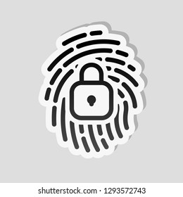 Fingerprint with close lock, personal protect, secutiry icon. Sticker style with white border and simple shadow on gray background