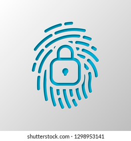 Fingerprint with close lock, personal protect, secutiry icon. Paper design. Cutted symbol with shadow
