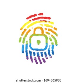 Fingerprint with close lock, personal protect, secutiry icon. Drawing sign with LGBT style, seven colors of rainbow (red, orange, yellow, green, blue, indigo, violet