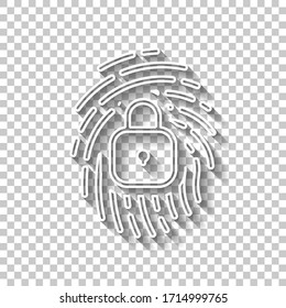 Fingerprint with close lock, personal protect, secutiry icon. White outline sign with shadow on transparent background