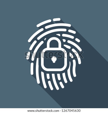 Fingerprint with close lock, personal protect, secutiry icon. White flat icon with long shadow on blue background