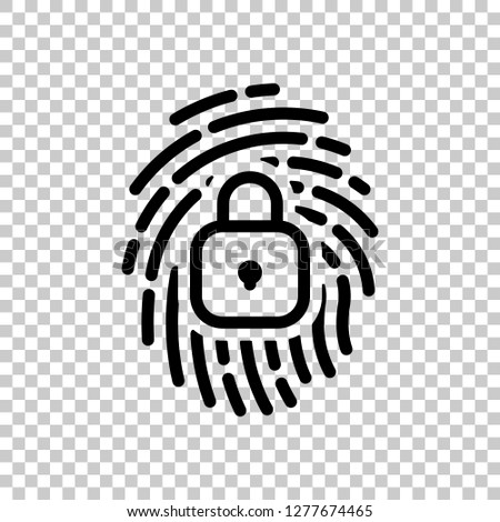 Fingerprint with close lock, personal protect, secutiry icon. Black symbol on transparent background