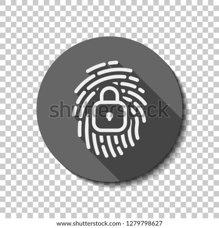 Fingerprint with close lock, personal protect, secutiry icon. flat icon, long shadow, circle, transparent grid. Badge or sticker style