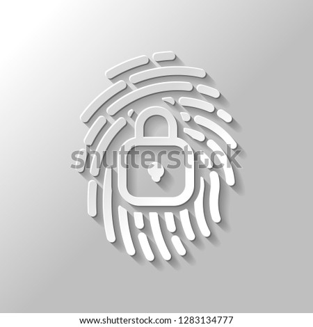 Fingerprint with close lock, personal protect, secutiry icon. Paper style with shadow on gray background