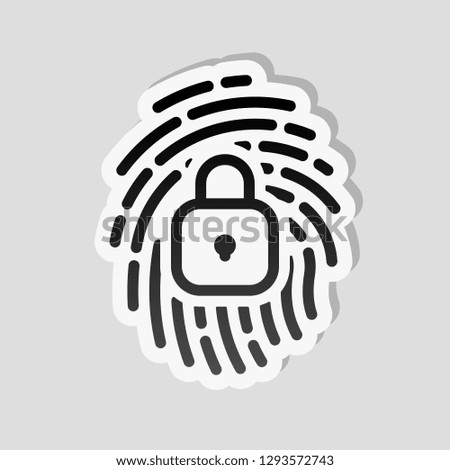 Fingerprint with close lock, personal protect, secutiry icon. Sticker style with white border and simple shadow on gray background