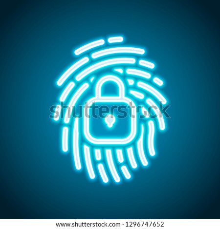 Fingerprint with close lock, personal protect, secutiry icon. Neon style. Light decoration icon. Bright electric symbol