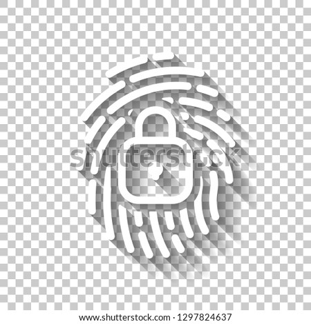 Fingerprint with close lock, personal protect, secutiry icon. White icon with shadow on transparent background
