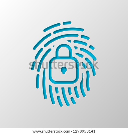 Fingerprint with close lock, personal protect, secutiry icon. Paper design. Cutted symbol with shadow