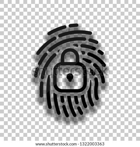 Fingerprint with close lock, personal protect, secutiry icon. Black glass icon with soft shadow on transparent background