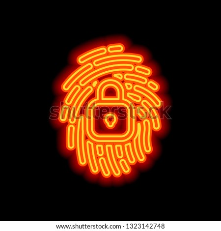 Fingerprint with close lock, personal protect, secutiry icon. Orange neon style on black background. Light icon