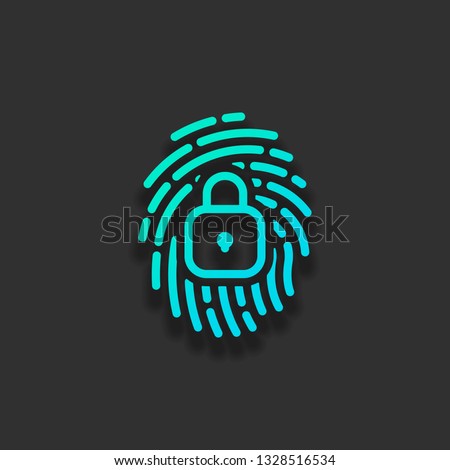 Fingerprint with close lock, personal protect, secutiry icon. Colorful logo concept with soft shadow on dark background. Icon color of azure ocean