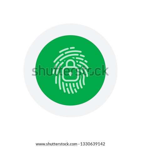 Fingerprint with close lock, personal protect, secutiry icon. Icon in colored circle with gray bold border. Web button, modern flat design