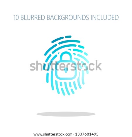 Fingerprint with close lock, personal protect, secutiry icon. Colorful logo concept with simple shadow on white. 10 different blurred backgrounds included