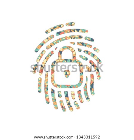 Fingerprint with close lock, personal protect, secutiry icon. Colored mosaic with polygons