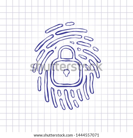 Fingerprint with close lock, personal protect, secutiry icon. Hand drawn picture on paper sheet. Blue ink, outline sketch style. Doodle on checkered background