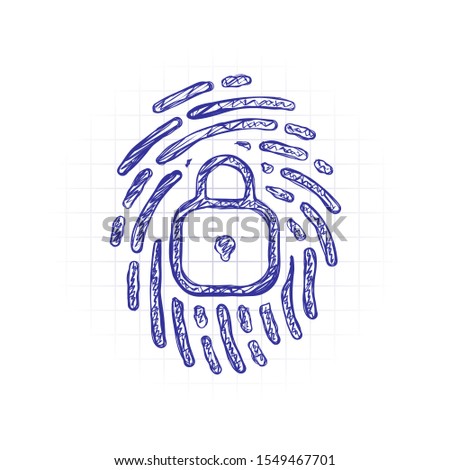 Fingerprint with close lock, personal protect, secutiry icon. Hand drawn sketched picture with scribble fill. Blue ink. Doodle on white background