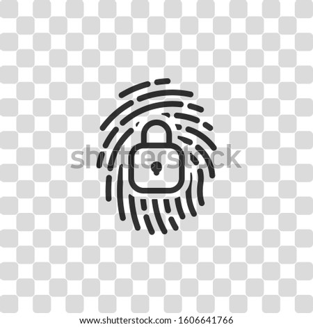 Fingerprint with close lock, personal protect, secutiry icon. Black symbol on transparency grid