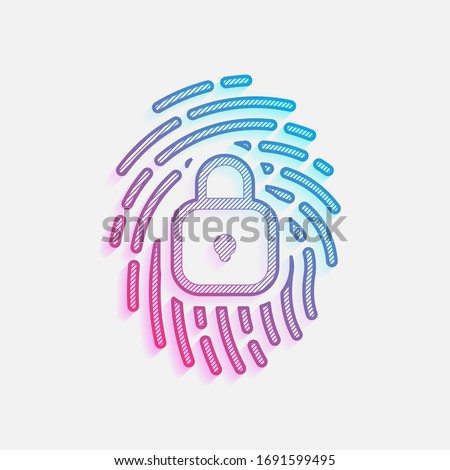 Fingerprint with close lock, personal protect, secutiry icon. Colored logo with diagonal lines and blue-red gradient. Neon graphic, light effect