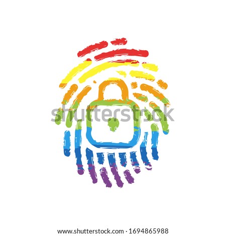 Fingerprint with close lock, personal protect, secutiry icon. Drawing sign with LGBT style, seven colors of rainbow (red, orange, yellow, green, blue, indigo, violet