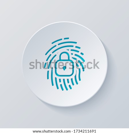 Fingerprint with close lock, personal protect, secutiry icon. Cut circle with gray and blue layers. Paper style