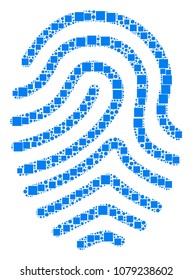 Fingerprint collage icon of squares and circle particles in variable sizes. Vector objects are grouped into fingerprint composition design concept.