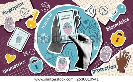Fingerprint concept collage banner in pop art style. Biometric authentication technology concept. Fingerprint scanning system. Vector trendy background.