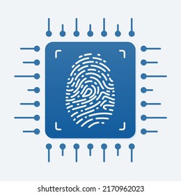 Fingerprint data protection vector illustration. Scan biometric data, security hardware lock, encoding, decoding data, identification system concept. Simple blue vector icon isolated on white backgrou