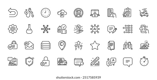 Fingerprint, Delivery cart and File storage line icons pack. AI, Question and Answer, Map pin icons. Chemistry lab, Online warning, Text message web icon. Vector