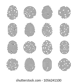 Fingerprint detailed icons. Police scanner thumb vector symbols. Identity person security id pictograms. Finger identity, technology biometric illustration