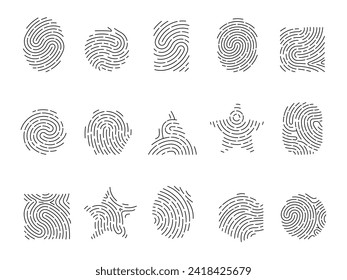 Huellas digitales de diferentes formas. Iconos de huellas dactilares en forma estrella, redonda y triangular. Elementos de identificación personal aislados, conjunto vector decente