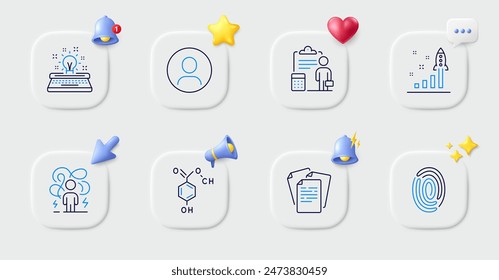 Fingerprint, Difficult stress and Development plan line icons. Buttons with 3d bell, chat speech, cursor. Pack of Accounting, Documents, Chemical formula icon. Headshot, Typewriter pictogram. Vector