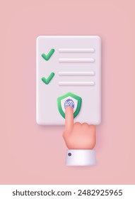 Fingerprint document digital security authentication concept. 3d finger scan for authorization, identity cyber secure. 3D Web Vector Illustrations.