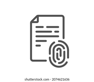 Fingerprint document line icon. Finger print scan sign. Biometric identity symbol. Quality design element. Linear style fingerprint icon. Editable stroke. Vector